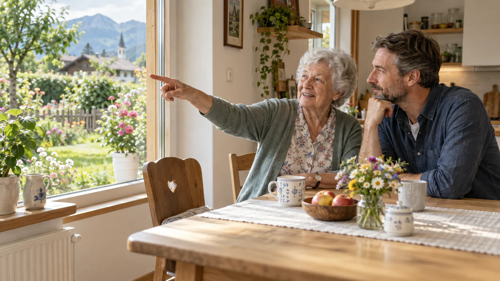 Ältere Frau und erwachsener Sohn sprechen in ihrem österreichischen Zuhause über den Garten